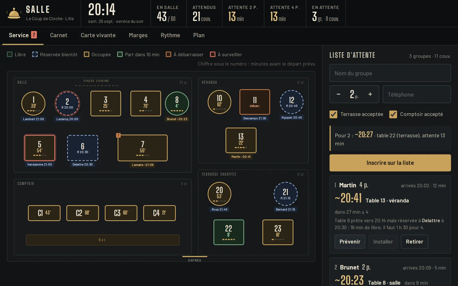 Salle : le plan de salle en service