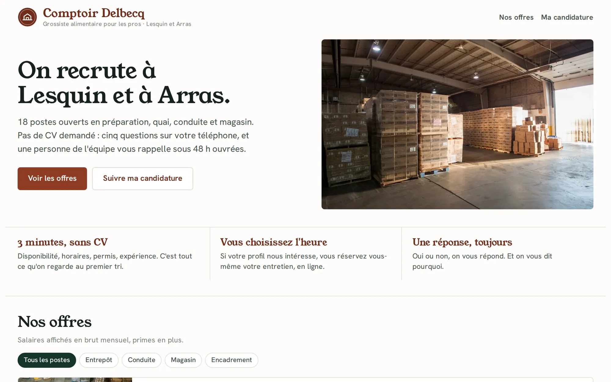 La page carrière de l'employeur fictif : offres, salaires affichés, candidature en trois minutes sans CV